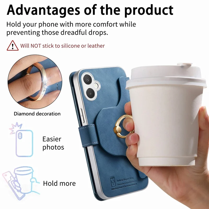 For Samsung Galaxy A07 4G / A07 5G Case RFID-blokerende, aftagelig magnetisk læderet telefondækning med ringholder - Blå