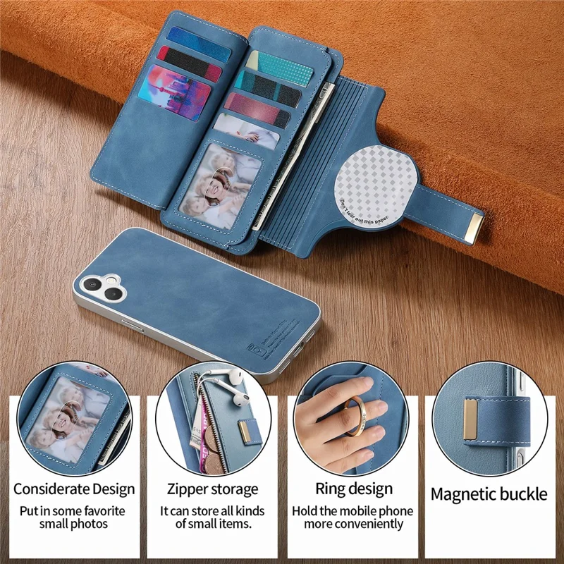 For Samsung Galaxy A07 4G / A07 5G Case RFID-blokerende, aftagelig magnetisk læderet telefondækning med ringholder - Blå