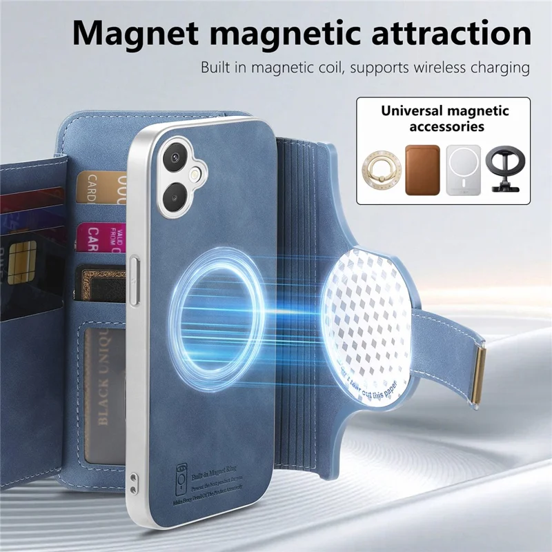 For Samsung Galaxy A07 4G / A07 5G Case RFID-blokerende, aftagelig magnetisk læderet telefondækning med ringholder - Blå