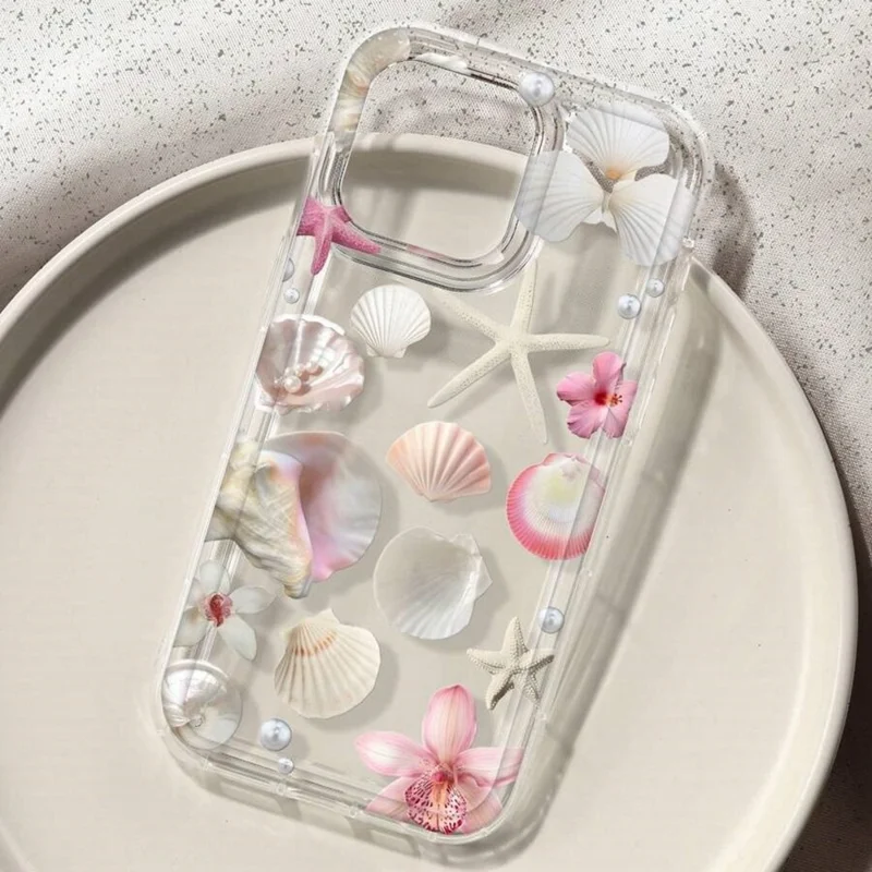 Coque pour iPhone 13, motif floral de coquillages et d'étoiles de mer, coque transparente en TPU protectrice - Rose