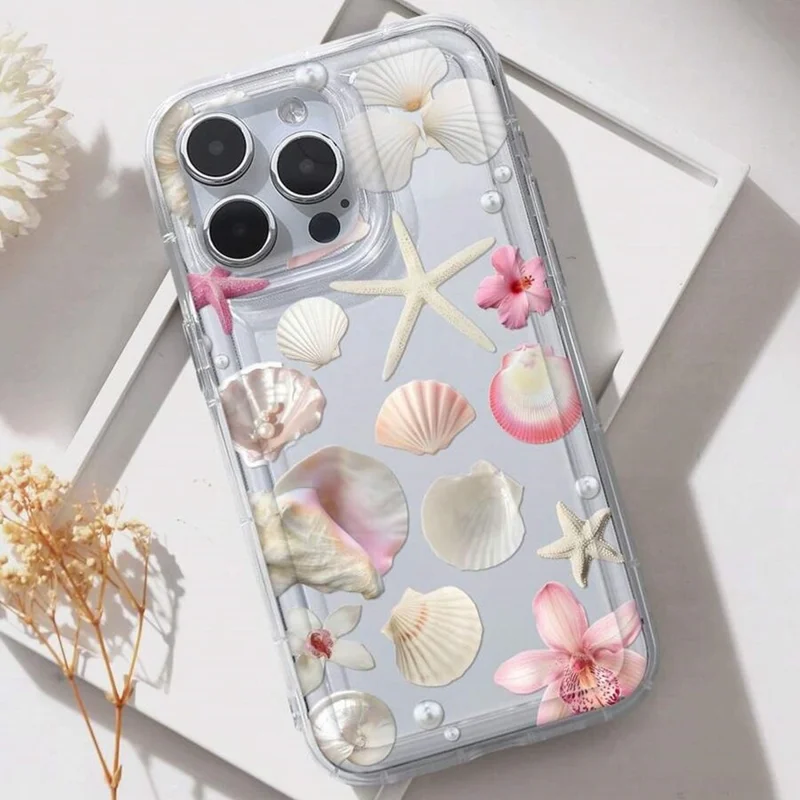 Coque pour iPhone 13 Pro Max motif floral étoile de mer coquillage coque transparente en TPU protectrice - Rose