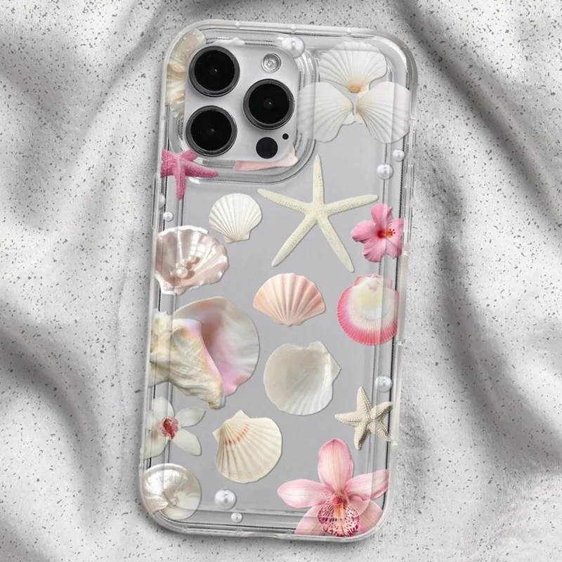 For iPhone 14 Pro Max Case Floral Starfish Shell Pattern Clear TPU Protective Phone Cover - Pink