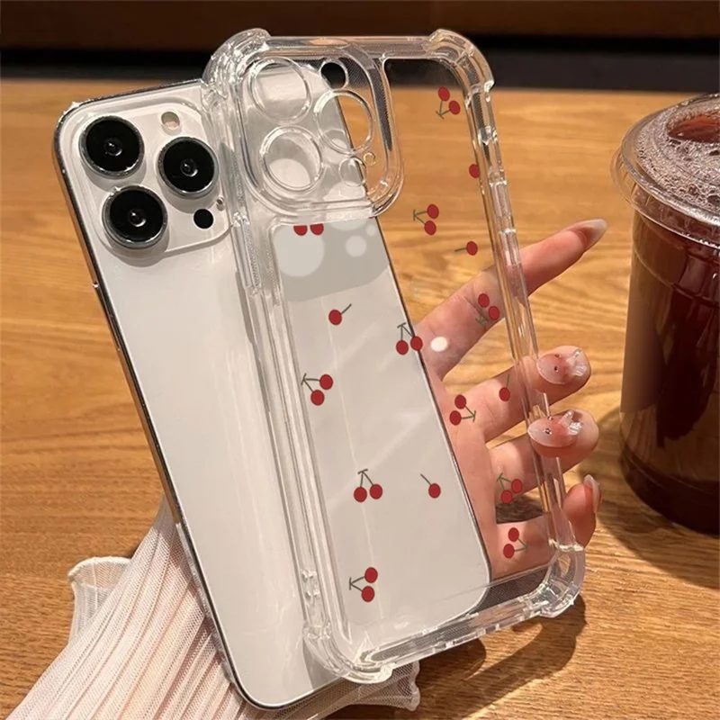 Coque pour iPhone 13 Pro avec motif de cerisier, protection des quatre coins, coque transparente en TPU - Cerisier