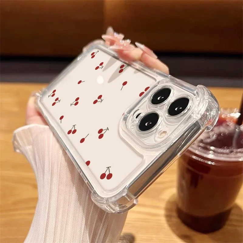 Coque pour iPhone 13 Pro Max avec motif de cerisier, protection des quatre coins, housse transparente en TPU - Cerisier