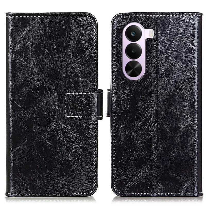 For OnePlus Nord CE6 Lite 5G / Realme P4x 5G Case Wallet Leather Phone Cover Crazy Horse Texture - Black