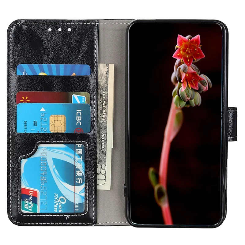For OnePlus Nord CE6 Lite 5G / Realme P4x 5G Case Wallet Leather Phone Cover Crazy Horse Texture - Black