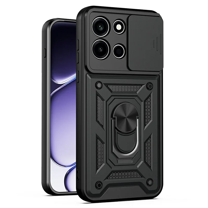 AMORUS voor OnePlus Nord 6 5G hoesje met draaibare standaard PC + TPU telefoonhoes met schuifbare lensbeugel - Zwart