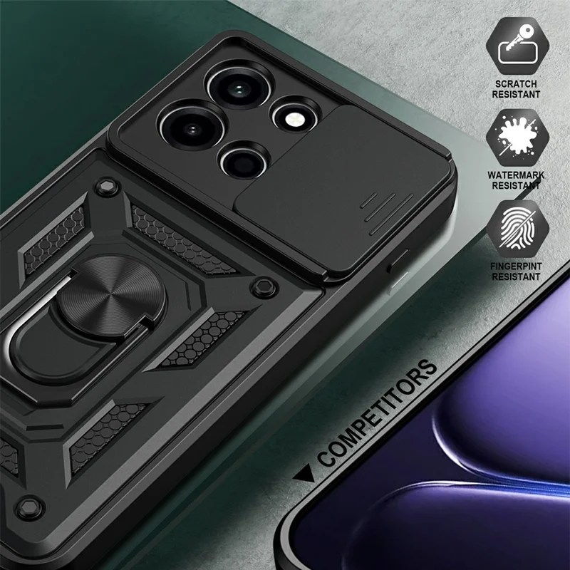AMORUS voor OnePlus Nord 6 5G hoesje met draaibare standaard PC + TPU telefoonhoes met schuifbare lensbeugel - Zwart