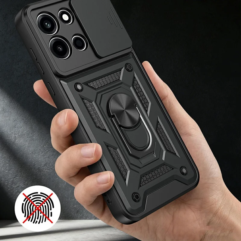 AMORUS voor OnePlus Nord 6 5G hoesje met draaibare standaard PC + TPU telefoonhoes met schuifbare lensbeugel - Zwart