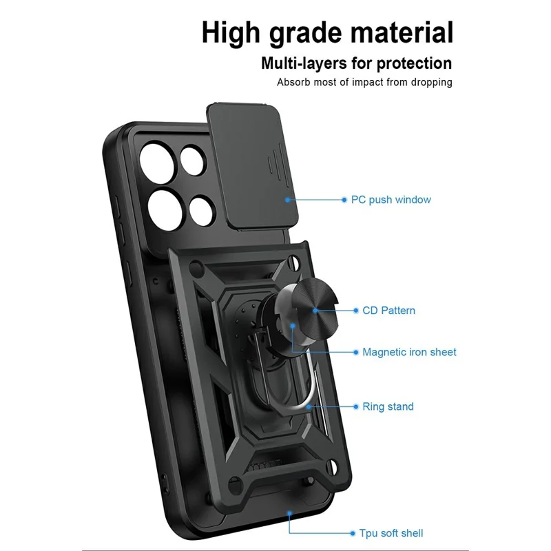 AMORUS voor OnePlus Nord 6 5G hoesje met draaibare standaard PC + TPU telefoonhoes met schuifbare lensbeugel - Zwart