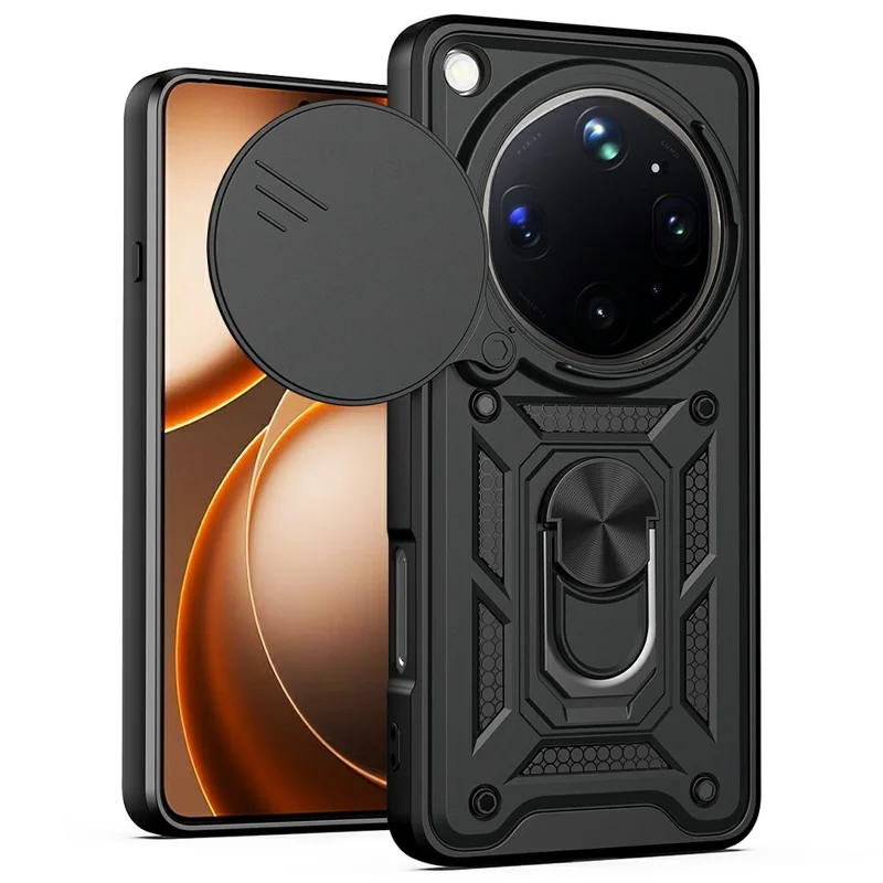 Coque pour Oppo Find X9 Ultra 5G avec couvercle coulissant pour caméra, PC + TPU, support pivotant, noir