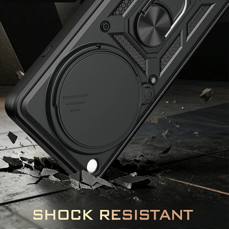 Coque pour Oppo Find X9 Ultra 5G avec couvercle coulissant pour caméra, PC + TPU, support pivotant, noir