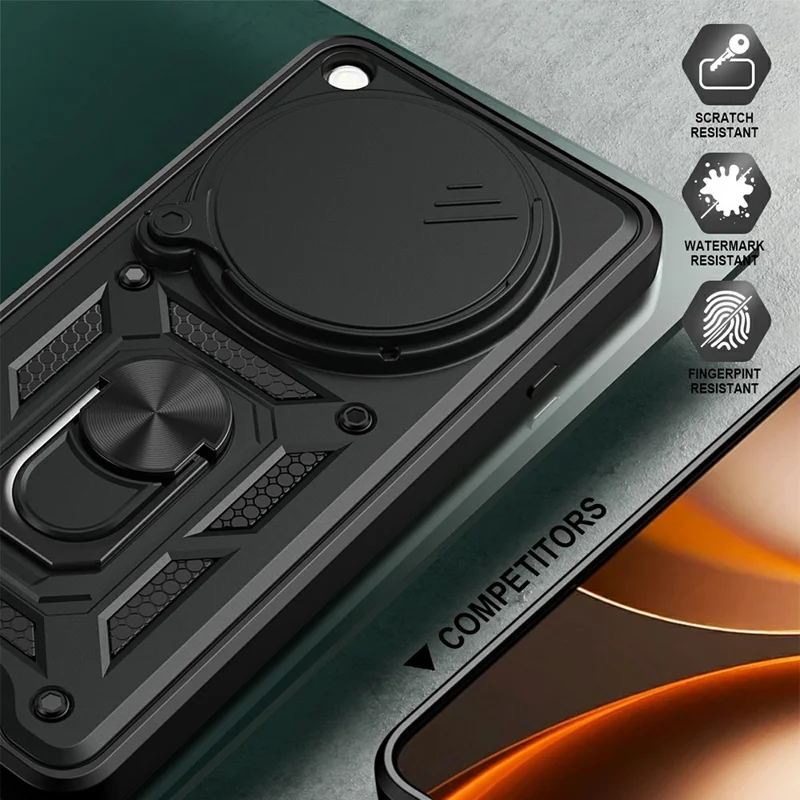 Coque pour Oppo Find X9 Ultra 5G avec couvercle coulissant pour caméra, PC + TPU, support pivotant, noir