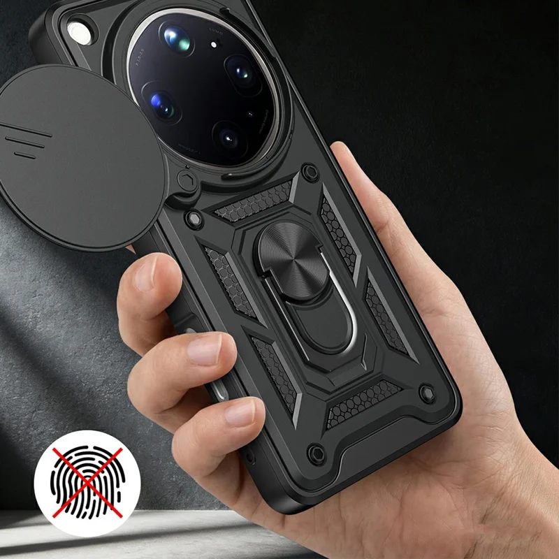 Coque pour Oppo Find X9 Ultra 5G avec couvercle coulissant pour caméra, PC + TPU, support pivotant, noir