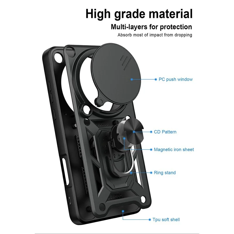 Coque pour Oppo Find X9 Ultra 5G avec couvercle coulissant pour caméra, PC + TPU, support pivotant, noir