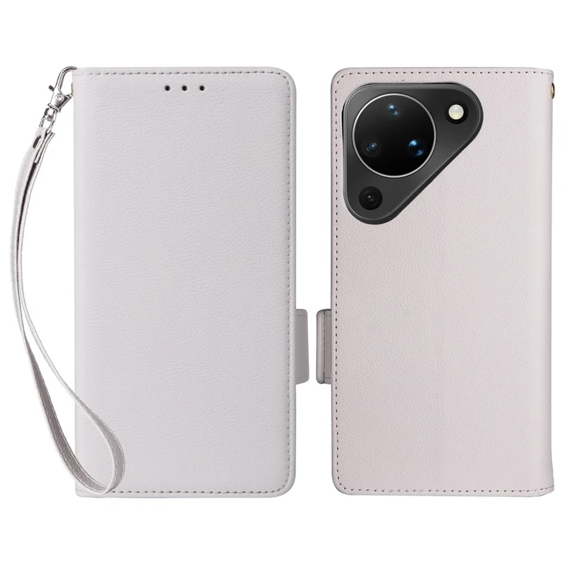 Obudowa do Huawei Pura 90 z portfellem, z fakturą litchi, z paskiem na nadgarstek – biały