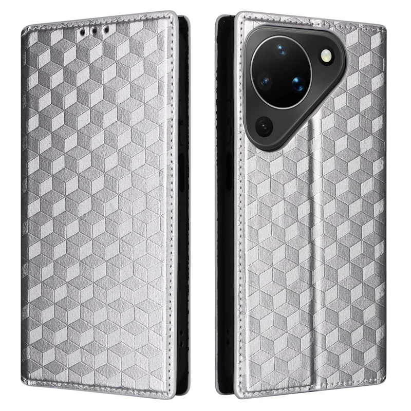 Etui portfelowe do Huawei Pura 90 z nadrukiem rombów, pokrowiec z syntetycznej skóry PU - Srebrny