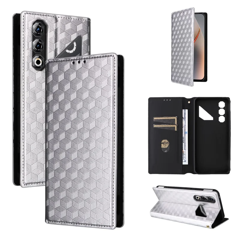 For ZTE nubia Neo 5 Pro 5G Case Wallet Rhombus Imprinted PU Leather Phone Cover - Silver