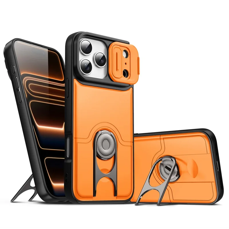 Custodia per iPhone 17 Pro Max con Cover Scorrevole per Fotocamera, Supporto Girevole 360°, Protezione PC + TPU - Arancione