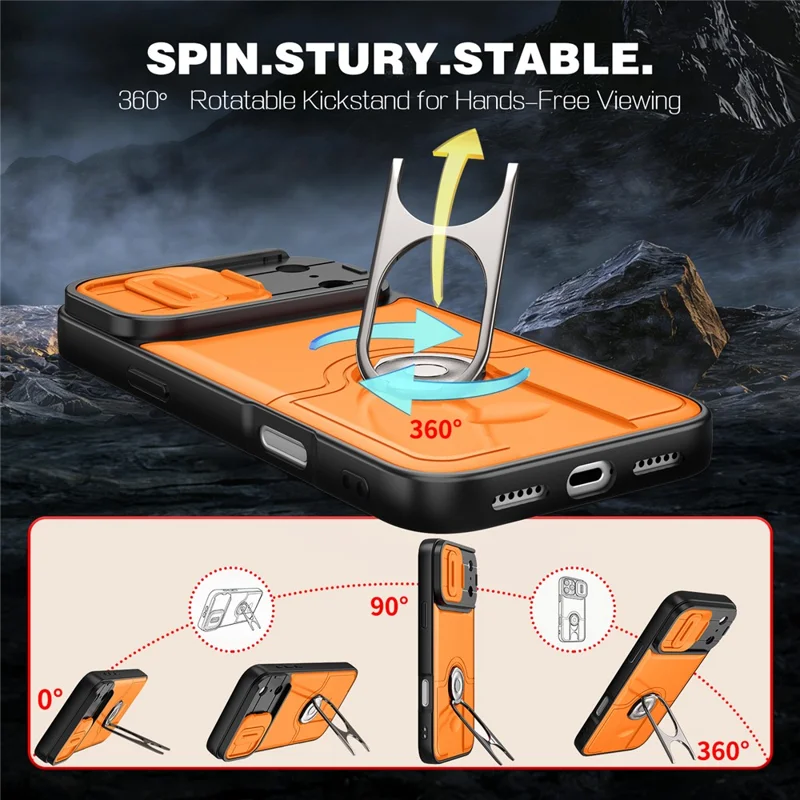 For iPhone 17 Pro Case with Slide Camera Cover Kickstand PC + TPU Protective Phone Shell - Orange