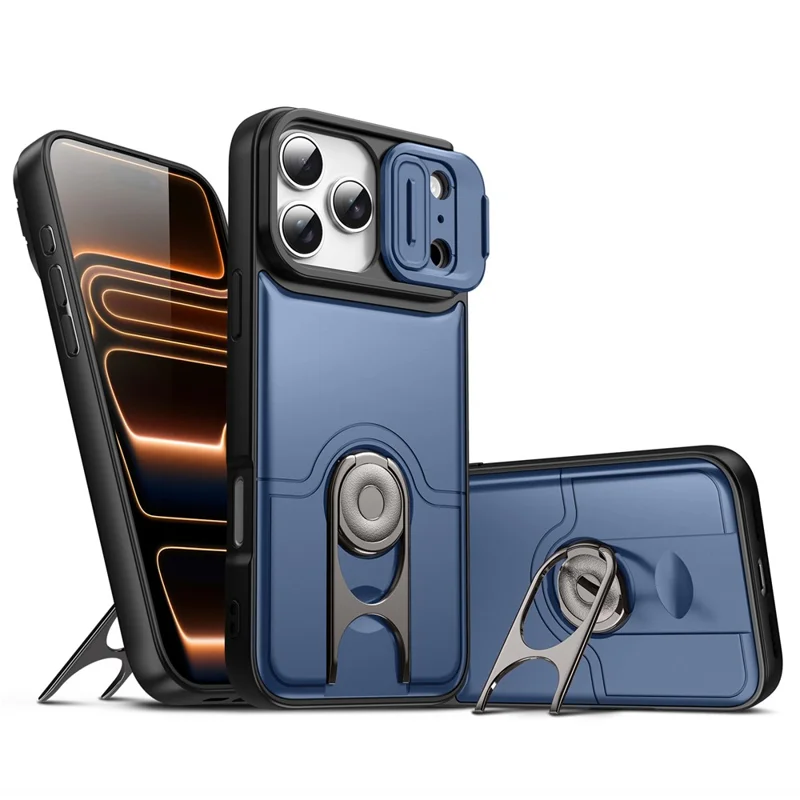 For iPhone 17 Pro Case with Slide Camera Cover Kickstand PC + TPU Protective Phone Shell - Blue