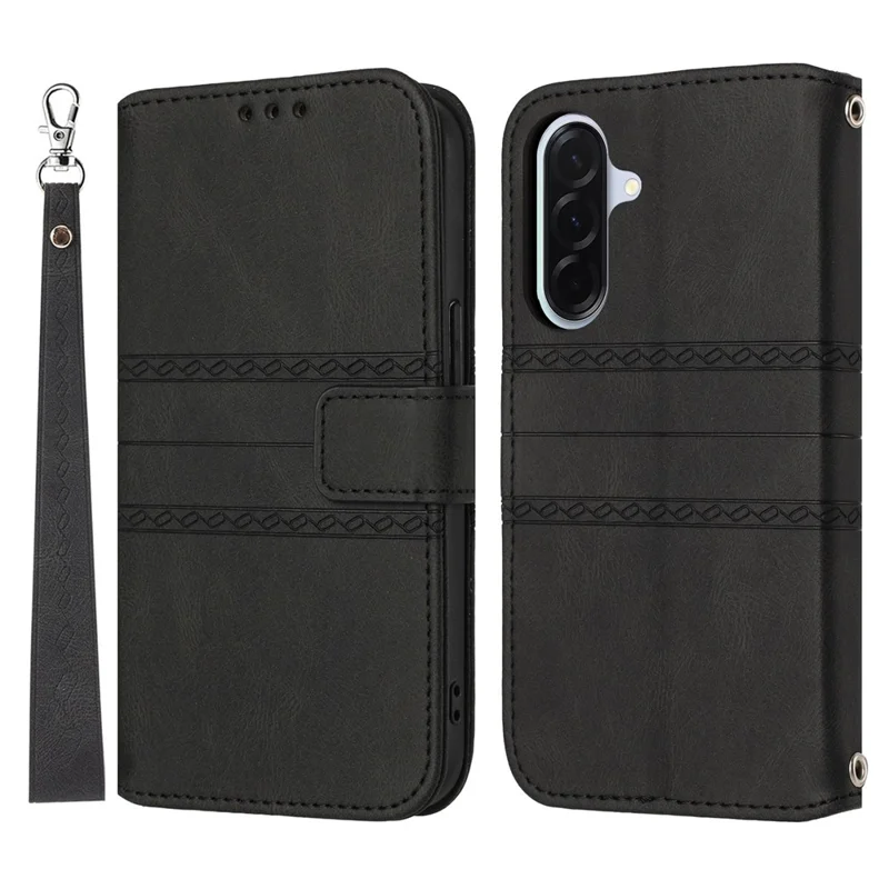 Funda cartera para Samsung Galaxy A27, carcasa de cuero con diseño impreso y correa de mano - Negro