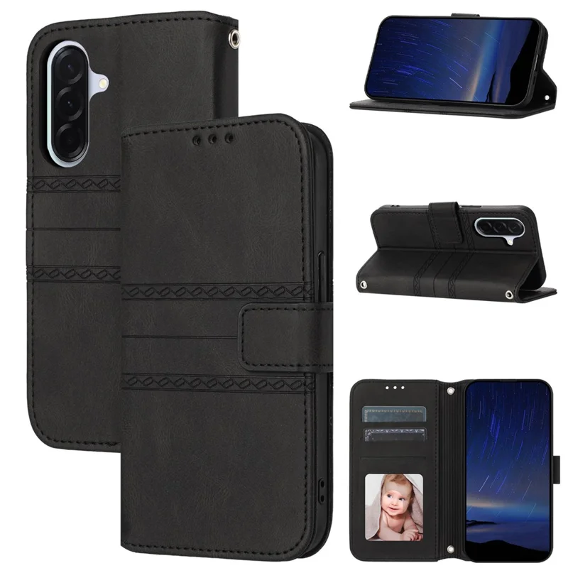 Funda cartera para Samsung Galaxy A27, carcasa de cuero con diseño impreso y correa de mano - Negro