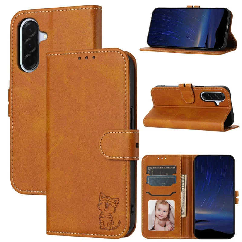 For Samsung Galaxy A27 Case Happy Cat Pattern Imprinted Leather Wallet Phone Cover - Yellow