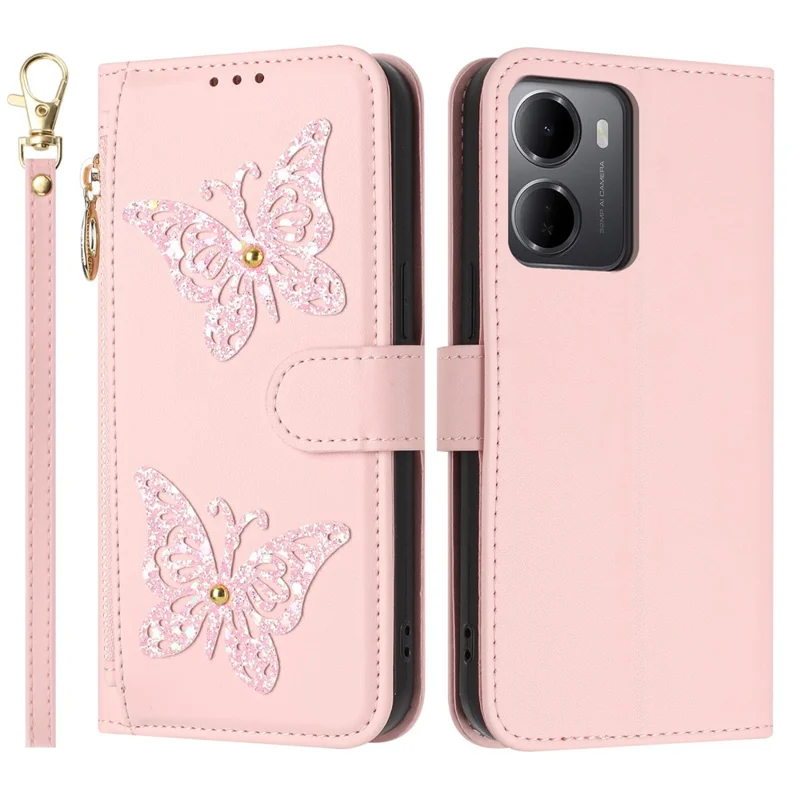 For Xiaomi Redmi 15a 5G Case Glitter Butterfly Zipper Pocket Stand Leather Phone Cover with Hand Strap  /  Shoulder Strap - Pink