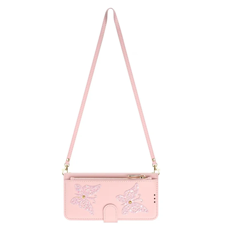 For Xiaomi Redmi 15a 5G Case Glitter Butterfly Zipper Pocket Stand Leather Phone Cover with Hand Strap  /  Shoulder Strap - Pink
