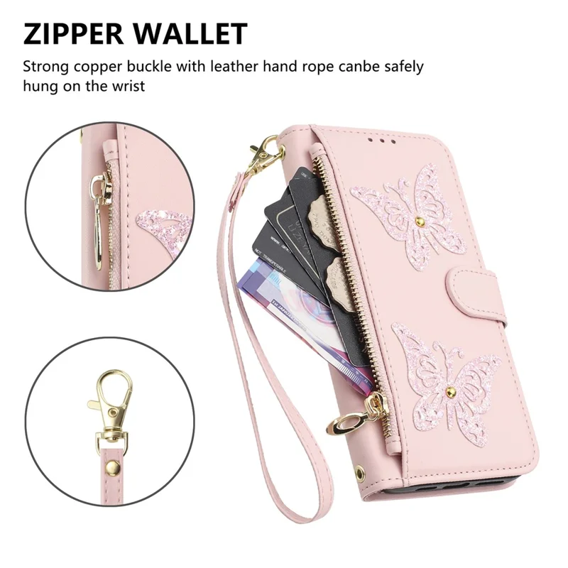 For Xiaomi Redmi 15a 5G Case Glitter Butterfly Zipper Pocket Stand Leather Phone Cover with Hand Strap  /  Shoulder Strap - Pink