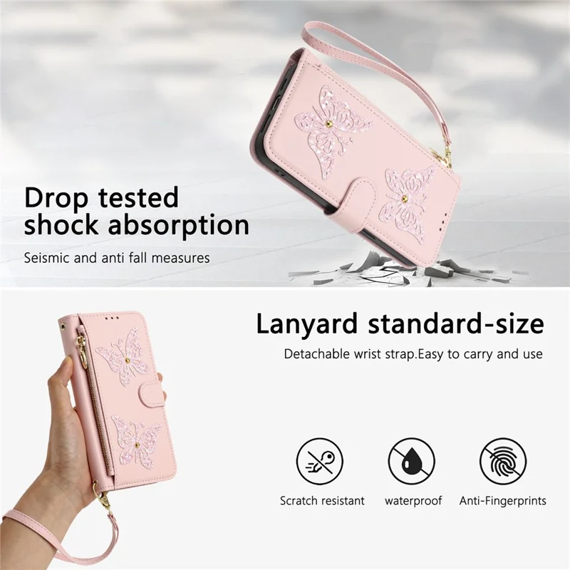 For Xiaomi Redmi 15a 5G Case Glitter Butterfly Zipper Pocket Stand Leather Phone Cover with Hand Strap  /  Shoulder Strap - Pink