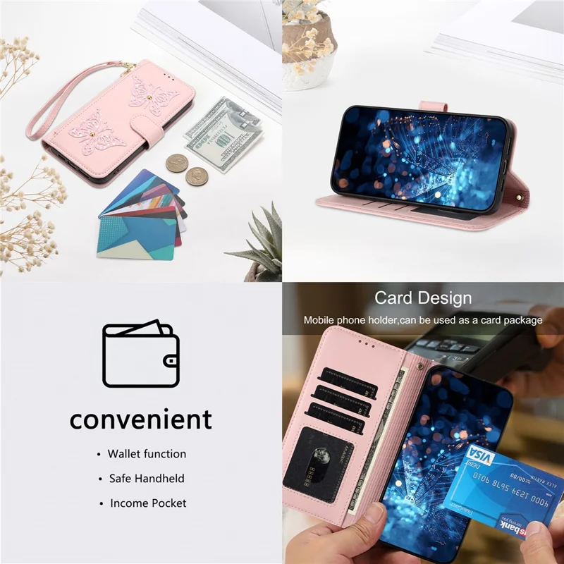 For Xiaomi Redmi 15a 5G Case Glitter Butterfly Zipper Pocket Stand Leather Phone Cover with Hand Strap  /  Shoulder Strap - Pink