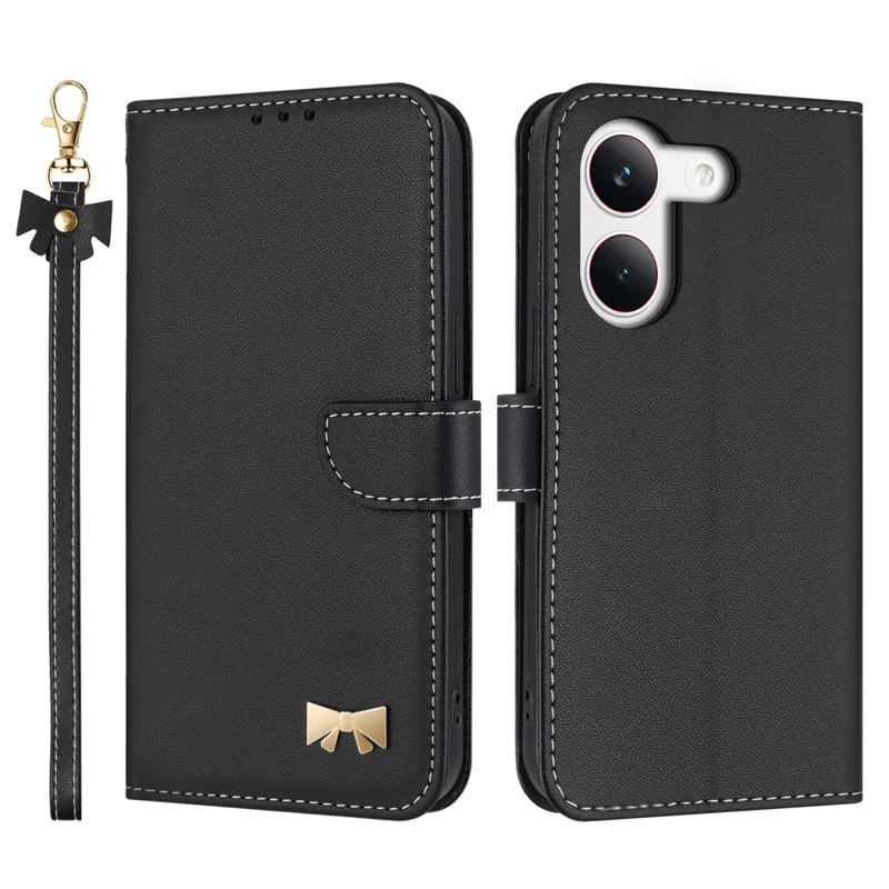 For Xiaomi Redmi Turbo 5 5G Case Bowknot Decor Wallet Leather Phone Cover with Wrist Strap / Shoulder Strap - Black