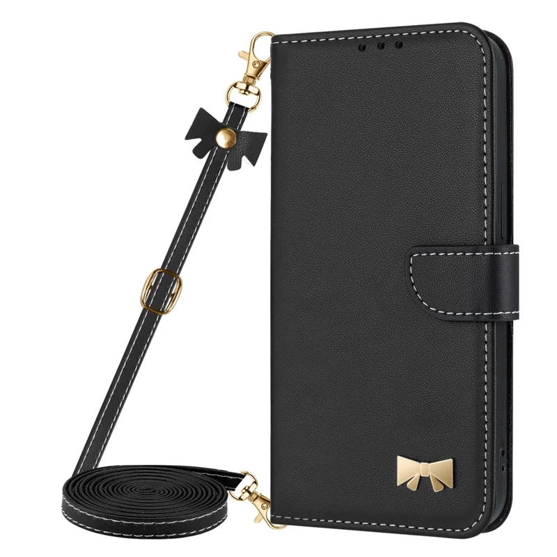 For Xiaomi Redmi Turbo 5 5G Case Bowknot Decor Wallet Leather Phone Cover with Wrist Strap / Shoulder Strap - Black