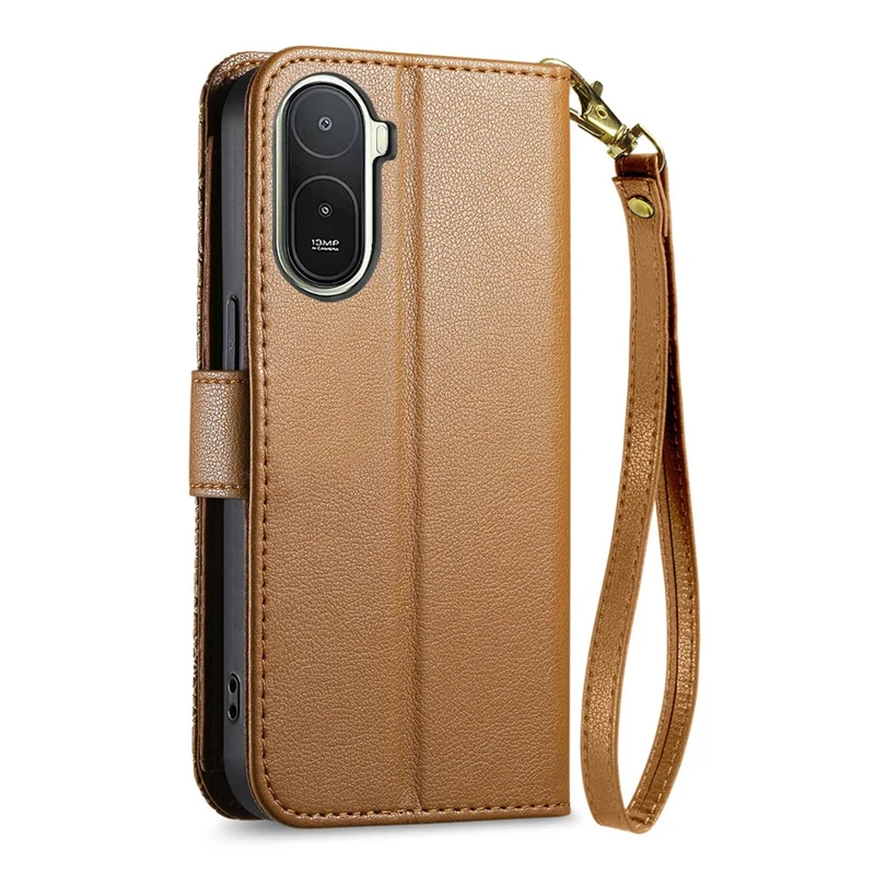 För Xiaomi Redmi A7 Pro 5G-skalskrud med blommande blad mönster, flera kortplatser, fäck med blixtlås, läder mobilhölse med handledsband - Brun