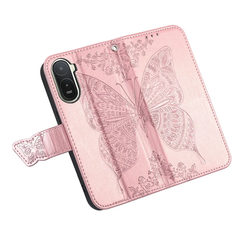 For Xiaomi Redmi A7 Pro 5G Case with Strap Butterfly Pattern PU Leather Wallet Phone Cover - Rose Gold