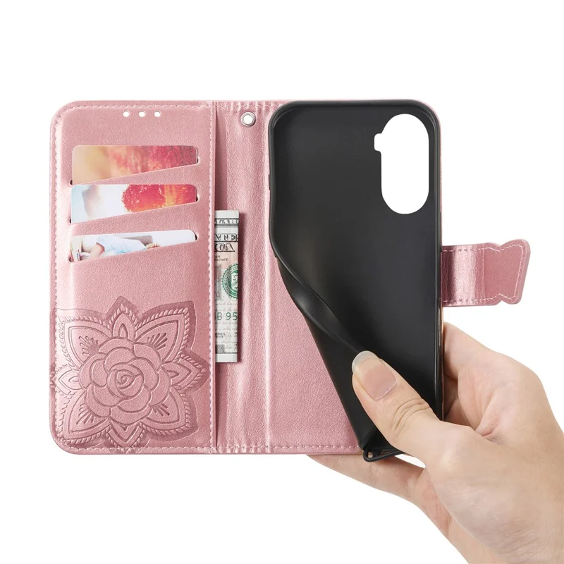 For Xiaomi Redmi A7 Pro 5G Case with Strap Butterfly Pattern PU Leather Wallet Phone Cover - Rose Gold
