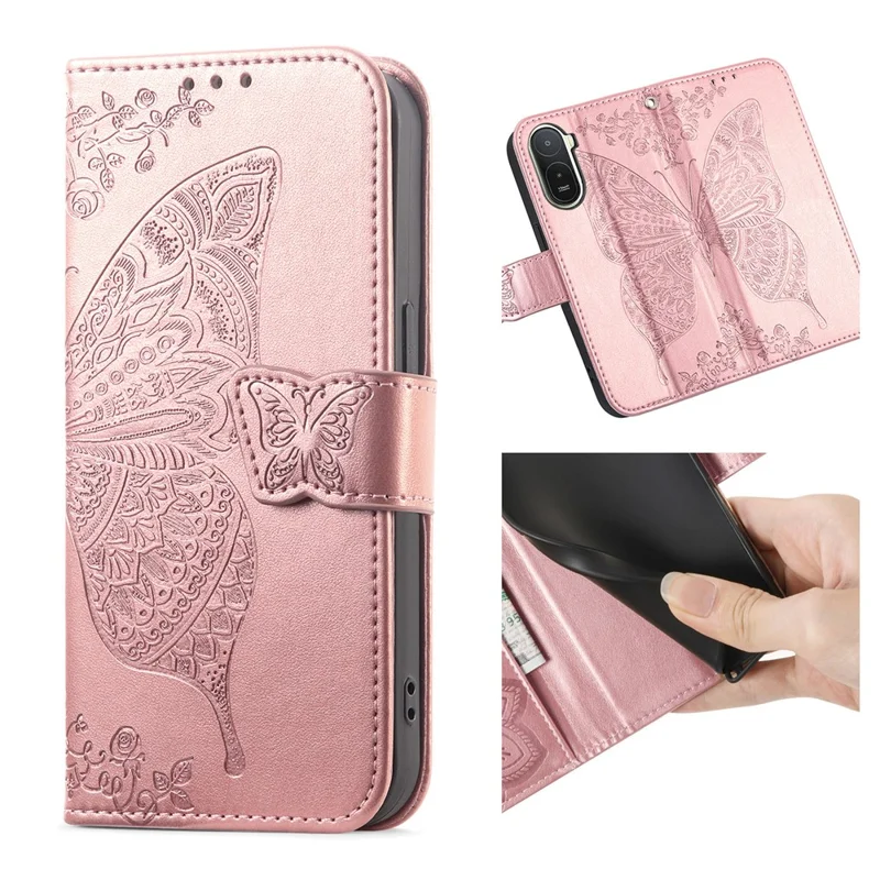 For Xiaomi Redmi A7 Pro 5G Case with Strap Butterfly Pattern PU Leather Wallet Phone Cover - Rose Gold