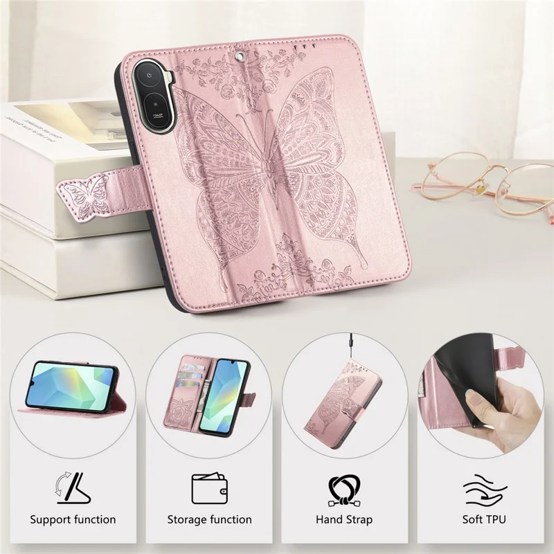 For Xiaomi Redmi A7 Pro 5G Case with Strap Butterfly Pattern PU Leather Wallet Phone Cover - Rose Gold