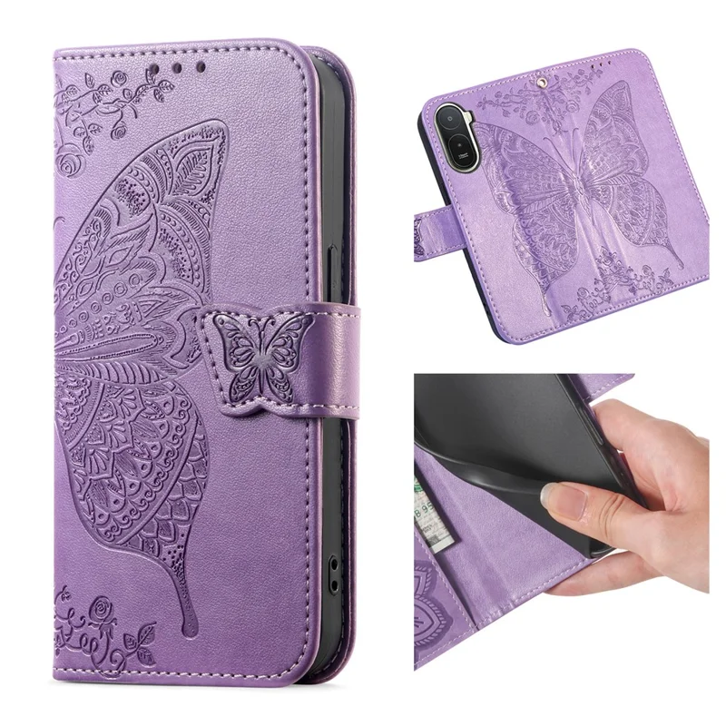 Funda para Xiaomi Redmi A7 Pro 5G con Correa, Diseño de Mariposa, Funda de Cuero PU Tipo Cartera - Morado Claro