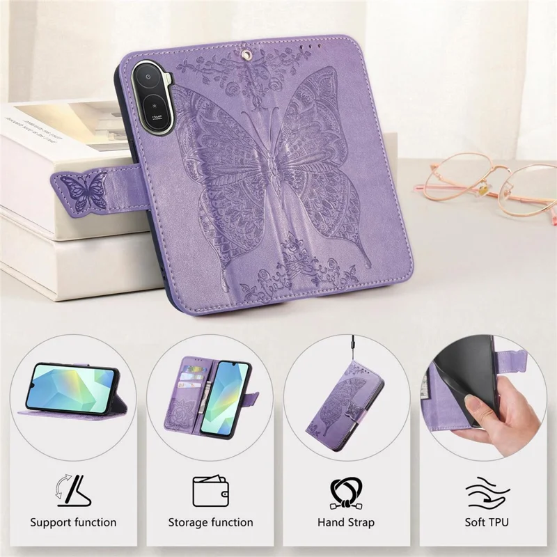 Funda para Xiaomi Redmi A7 Pro 5G con Correa, Diseño de Mariposa, Funda de Cuero PU Tipo Cartera - Morado Claro