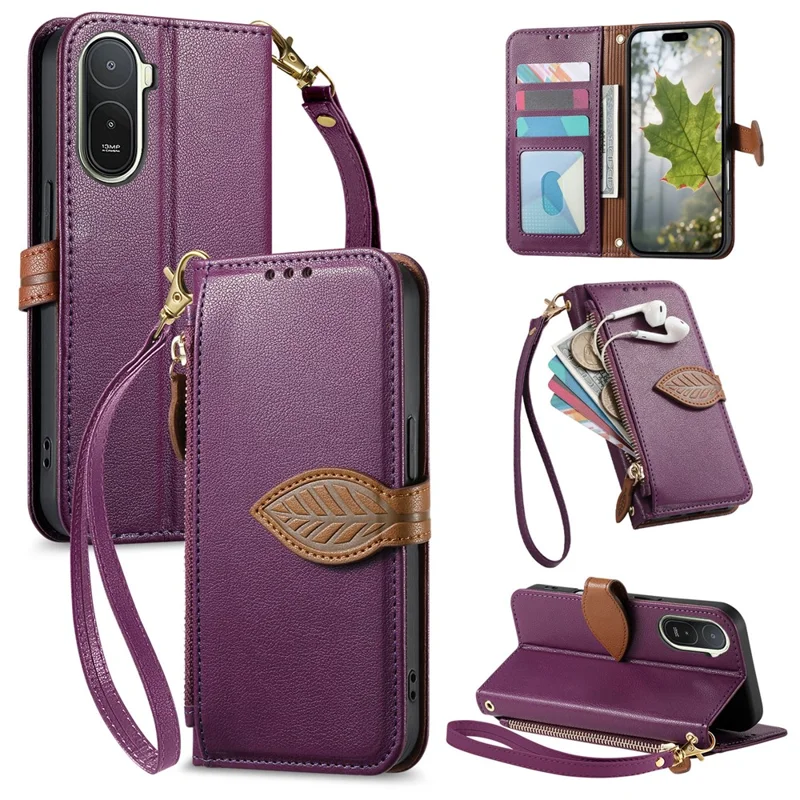 For Xiaomi Redmi A7 Pro 5G Stand Case Leaf Shape Magnetic Clasp Leather Phone Cover with Hand Strap - Purple