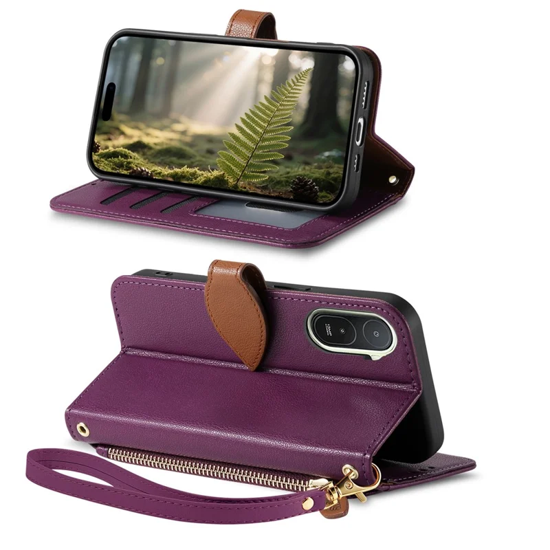 For Xiaomi Redmi A7 Pro 5G Stand Case Leaf Shape Magnetic Clasp Leather Phone Cover with Hand Strap - Purple
