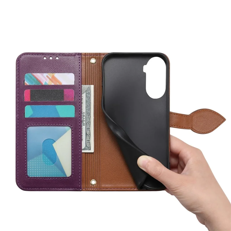 For Xiaomi Redmi A7 Pro 5G Stand Case Leaf Shape Magnetic Clasp Leather Phone Cover with Hand Strap - Purple