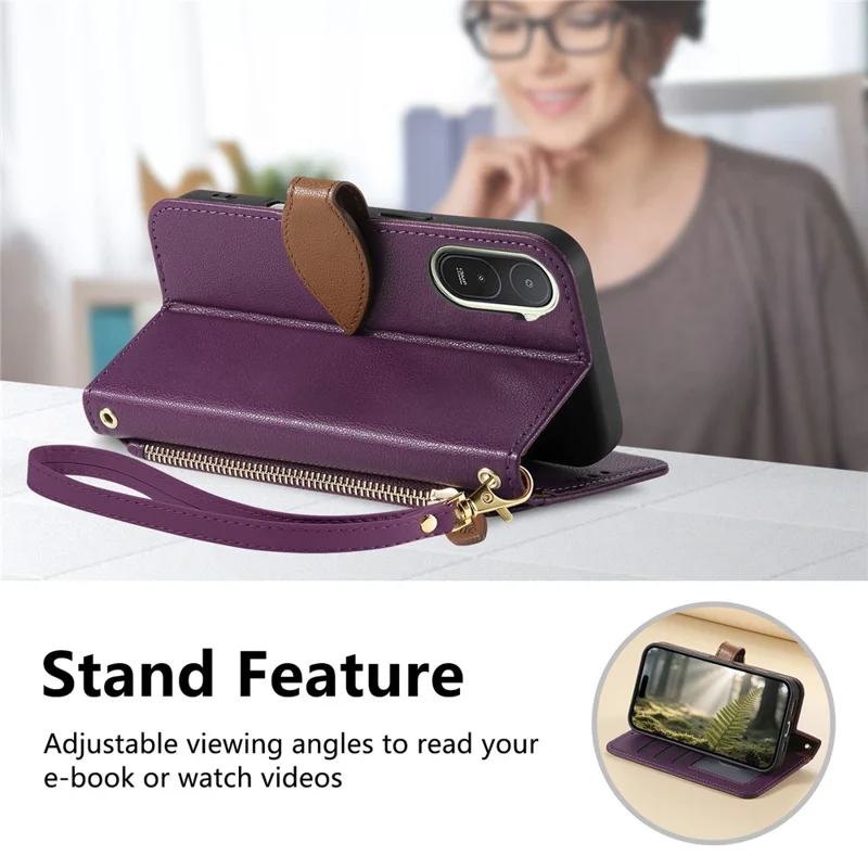 For Xiaomi Redmi A7 Pro 5G Stand Case Leaf Shape Magnetic Clasp Leather Phone Cover with Hand Strap - Purple