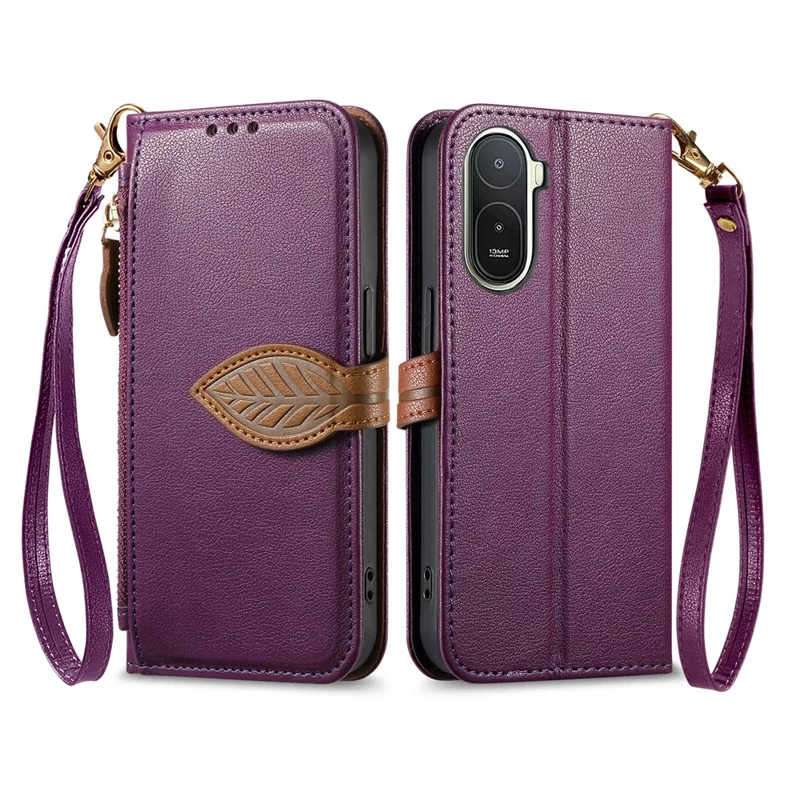 For Xiaomi Redmi A7 Pro 5G Stand Case Leaf Shape Magnetic Clasp Leather Phone Cover with Hand Strap - Purple