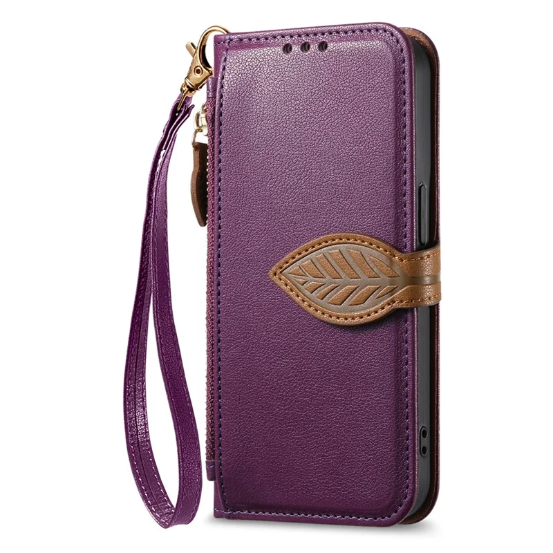For Xiaomi Redmi A7 Pro 5G Stand Case Leaf Shape Magnetic Clasp Leather Phone Cover with Hand Strap - Purple