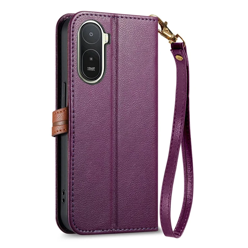 For Xiaomi Redmi A7 Pro 5G Stand Case Leaf Shape Magnetic Clasp Leather Phone Cover with Hand Strap - Purple