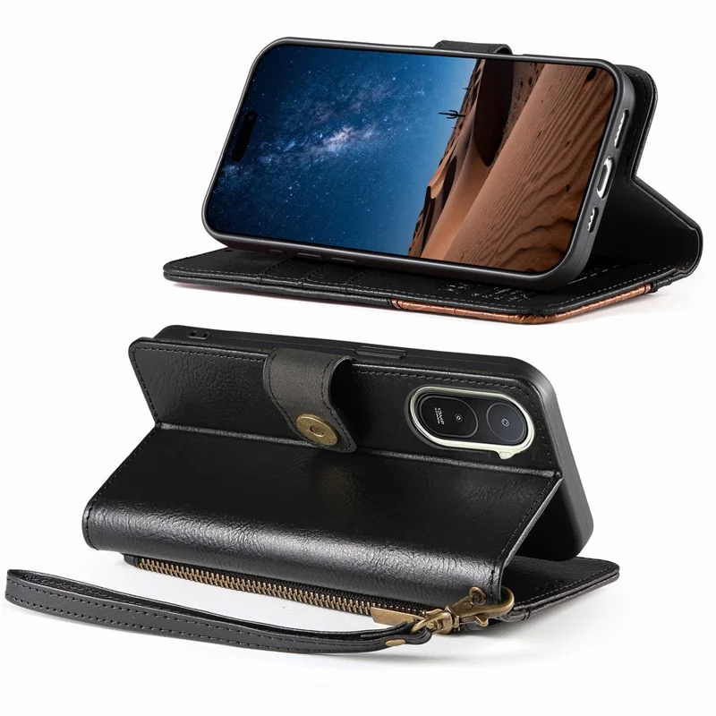 Fodral för Xiaomi Redmi A7 Pro 5G Färgstilad TPU PU-läder Vippskydd med handledsband - Svart